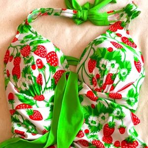 Strawberry print floral lace up swimsuit xl